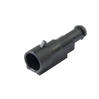 Black TE Connectivity 1-way AMP Superseal 1.5 cap housing, designed for secure electrical connections.