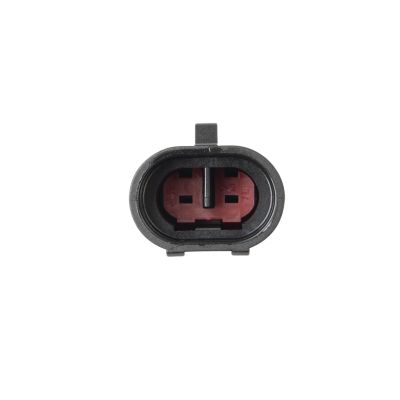 TE AMP Superseal 1.5mm Series Cap Housing, 2-way connector with black casing and red interior, front view.