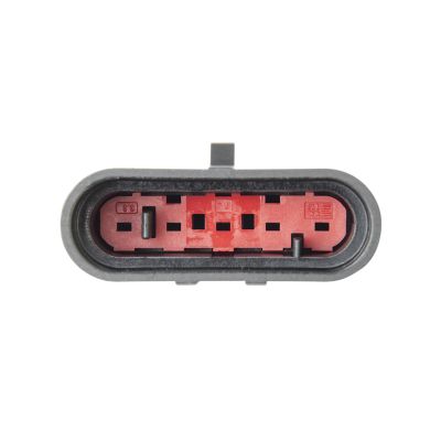 Connector with 5-way AMP Superseal design, black oval frame, and visible red sealing within, TE Connectivity.
