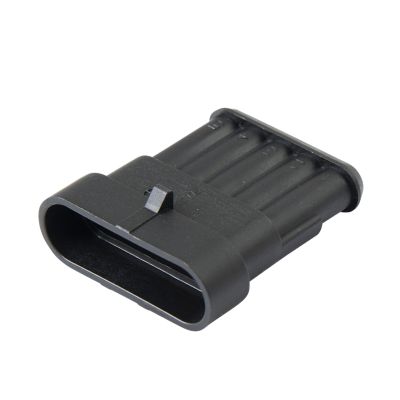 Black TE AMP Superseal 1.5mm 5-way cap housing connector featuring durable plastic construction and streamlined design.
