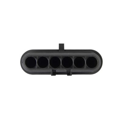 TE AMP Superseal 1.5mm 6-way cap housing, showcasing its black design and connector slots for secure electrical connections.