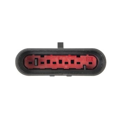 Black and red 6-way TE AMP Superseal 1.5mm series cap housing, front view highlighting sockets.