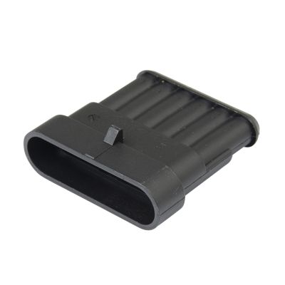 Black TE Connectivity 6-way AMP Superseal cap housing, showcasing durable plastic design with streamlined features.
