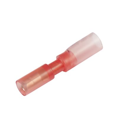Red female heat shrink and crimp bullet terminal for 22-18 gauge wires, featuring a translucent insulation sleeve.