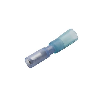 Blue heat shrink and crimp bullet terminal, female, with a translucent body for electrical connections, 16-14 gauge.