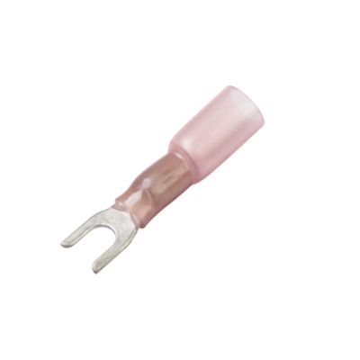 Red heat shrink and crimp spade terminal for electrical connections, forked design suitable for various gauges.
