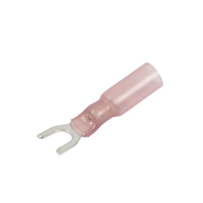 Red heat shrink crimp spade terminal with forked ends, designed for 22-18 gauge wires, ideal for electrical connections.