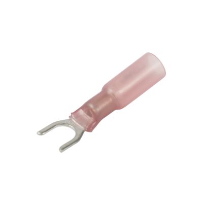 Red heat shrink and crimp spade terminal, fork design, suitable for 22-18 gauge wire connections.