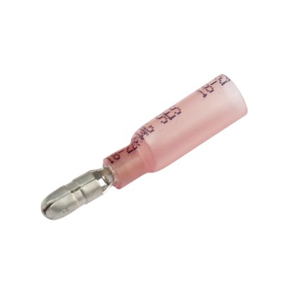 Red heat shrink and crimp bullet terminal, male connector for 22-18 gauge wire.