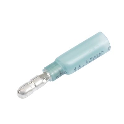 Blue male heat shrink and crimp bullet terminal for 16-14 gauge wires, showcasing metal tip and blue insulation.