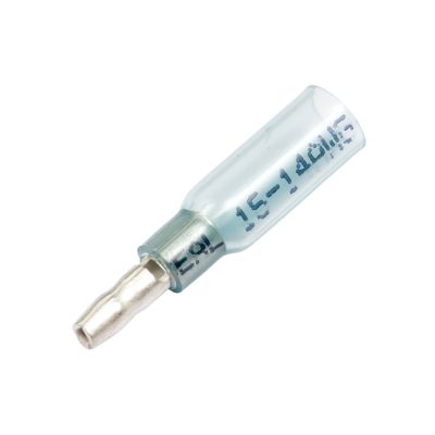 Blue Perma-Seal heat shrink and crimp bullet terminal by Molex, male design for 16-14 gauge wire connections.