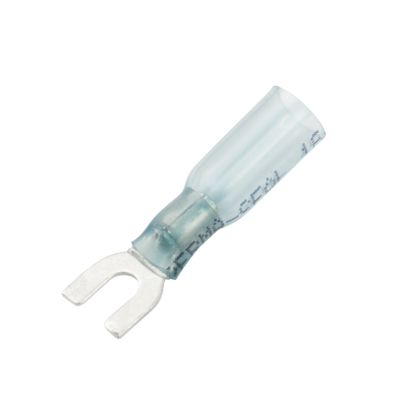 Blue Perma-Seal heat shrink and crimp spade terminal by Molex, ideal for secure electrical connections.