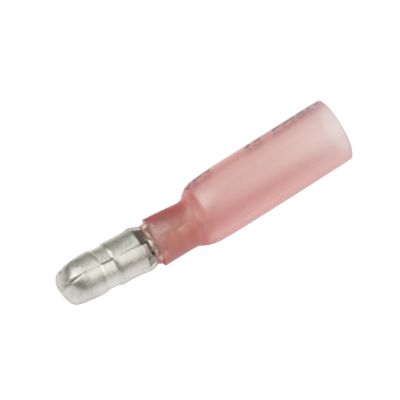 Red male heat shrink and crimp bullet terminal for 22-18 gauge wires, featuring a sleek metal connector design.