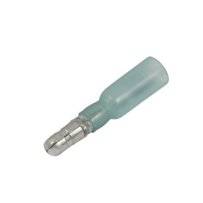 Blue heat shrink and crimp male bullet terminal for 16-14 gauge wires, showcasing durable metal and insulation features.