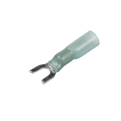 Blue heat shrink and crimp spade terminal with a metal forked connector, suitable for 16-14 gauge wiring.