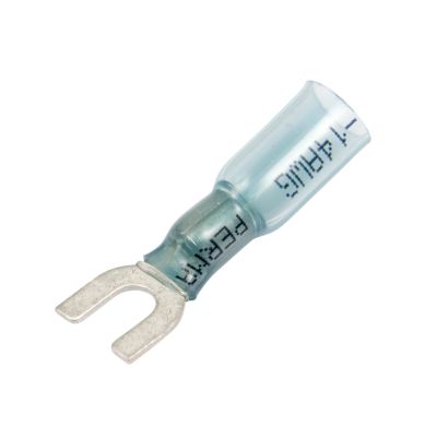 Blue Molex Perma-Seal heat shrink spade terminal with crimp design for 16-14 gauge wiring applications.