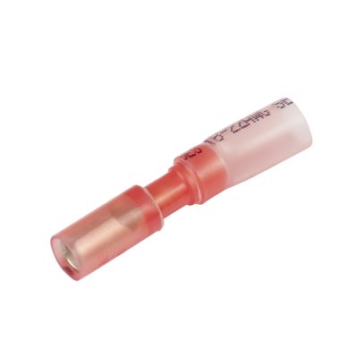 Red heat shrink and crimp bullet terminal, female connector for 22-18 gauge wires, showcasing durable construction.