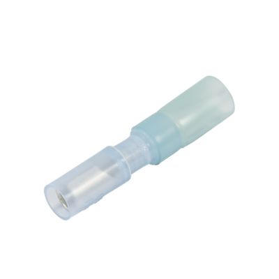 Blue heat shrink and crimp bullet terminal, female type, designed for 16-14 gauge wires. Ideal for secure electrical connections.
