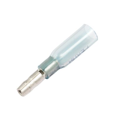 Blue Molex Perma-Seal heat shrink crimp bullet terminal, male connector for 16-14 gauge wire.