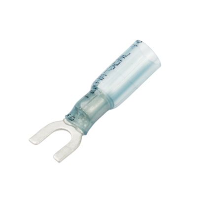 Blue Molex Perma-Seal heat shrink spade terminal with crimp design for 10 stud, suitable for 16-14 gauge wires.