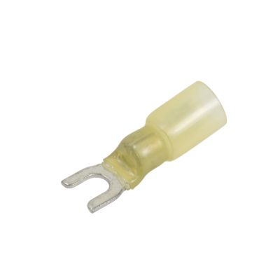 Yellow heat shrink spade terminal with crimp connection, ideal for secure wiring and electrical applications.