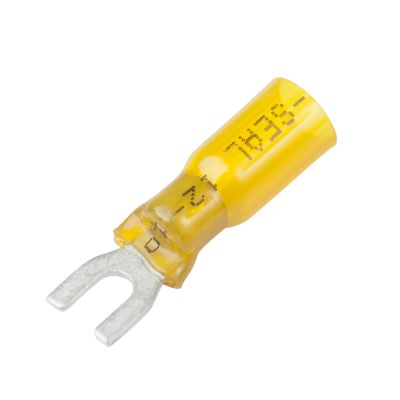 Yellow Molex Perma-Seal heat shrink and crimp spade terminal for 8 stud applications, shown in close-up.