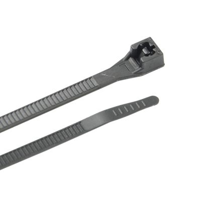 Black UV-resistant cable tie with secure locking mechanism, ideal for bundling and organizing wires effectively.