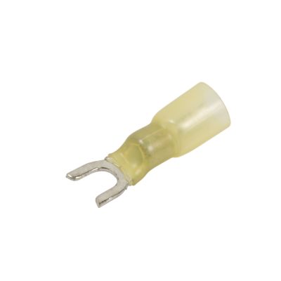 Yellow heat shrink and crimp spade terminal, ideal for electrical connections with 10 stud compatibility.