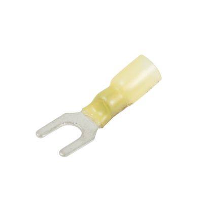 Yellow heat shrink and crimp spade terminal for electrical connections with forked metal end.