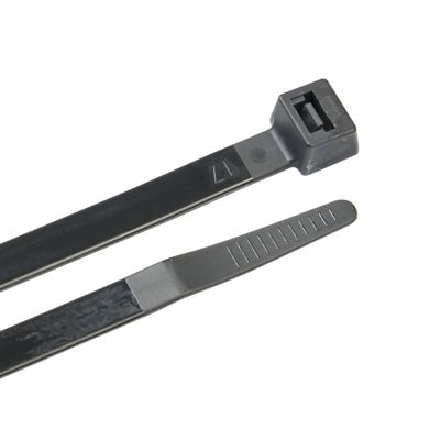 Heavy-duty UV black cable tie with secure locking mechanism and ribbed texture for industrial use.