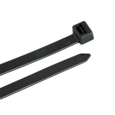 Black heavy-duty cable ties with locking mechanism, ideal for bundling and securing cables in various applications.