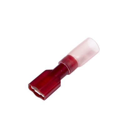 Red heat shrink and crimp push-on terminal with a female connector for electrical wiring, suitable for 22-18 gauge.