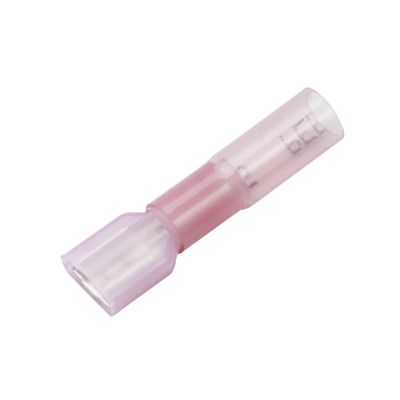 Female red push-on terminal with heat shrink, used for secure wire connections, suitable for 22-18 gauge wires.