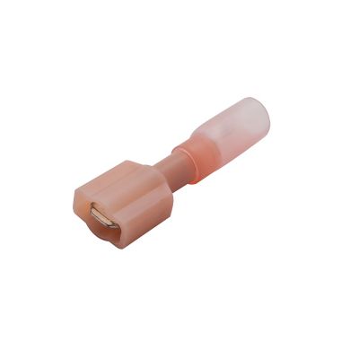 Red male heat shrink crimp push-on terminal for 22-18 gauge wires, NSPA KS67-18-250M, isolated on white background.