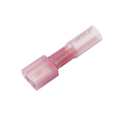 Red Molex heat shrink crimp push-on terminal with clear sleeve, designed for secure wiring connections.