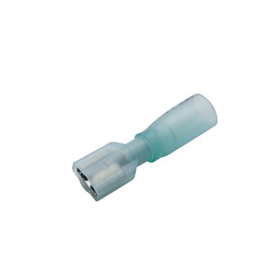 Blue heat shrink and crimp push-on terminal with a female connector, designed for 16-14 gauge wires.