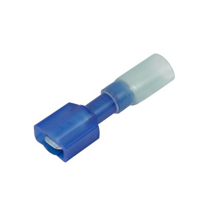 Blue heat shrink crimp push-on terminal, male connector for electrical connections, NSPA KS67 series.