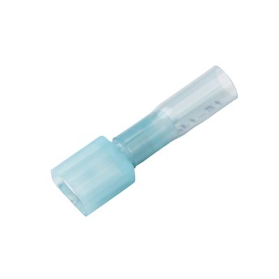 Blue Perma-Seal‚Ñ¢ heat shrink and crimp push-on terminal, male connector, designed for 16-14 gauge wires.