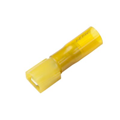 Yellow heat shrink and crimp push-on terminal, female, featuring durable construction for secure electrical connections.