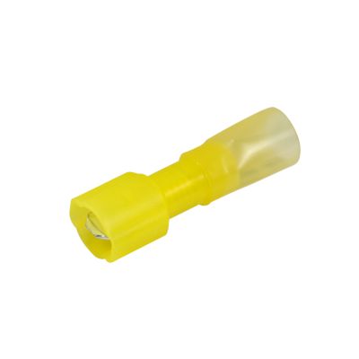 Yellow heat shrink and crimp push-on terminal, male, designed for 12-10 gauge wire connections, NSPA KS67-10-250M.