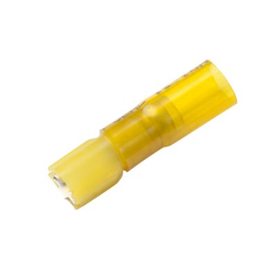 Yellow male push-on terminal with heat shrink and crimp features, ideal for secure electrical connections.