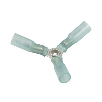 Red heat shrink Y connector with crimp terminal, ideal for electrical connections, three-way design.