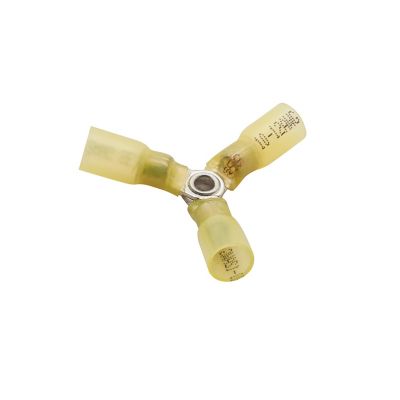Yellow Y-shaped heat shrink and crimp connector with silver metal center, designed for electrical connections.