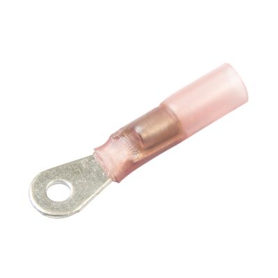 Lead-free heat shrink and solder ring terminal with red insulation and metal stud for secure wire connections.