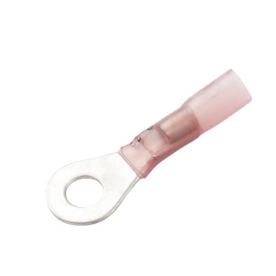 Lead-free heat shrink and solder ring terminal in red color with a circular metal connector.