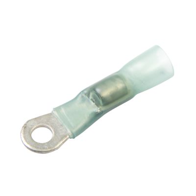 Lead-free heat shrink and solder ring terminal, blue, for 16-14 gauge wire, with 8 stud connection, showcasing durable design.