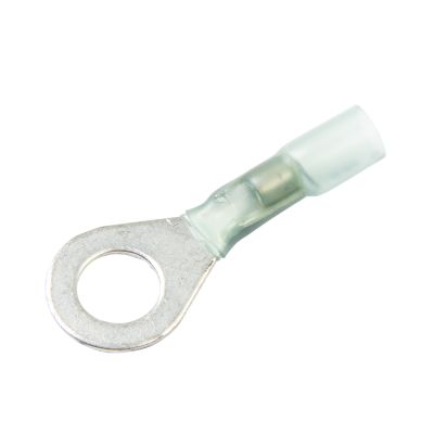Lead-free blue heat shrink solder ring terminal for electrical connections, featuring a metal ring and insulated sleeve.