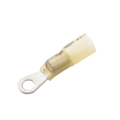 Lead-free yellow solder ring terminal with heat shrink, suitable for 10 stud wiring, illustrating durable connection solution.