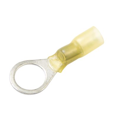 Yellow lead-free heat shrink and solder ring terminal for 12-10 gauge wires, designed for durability and secure connections.