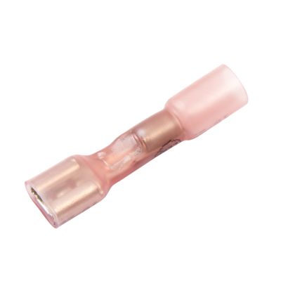 Lead-free red heat shrink and solder push-on terminal, female connector, fully insulated, for 22-18 gauge wires.